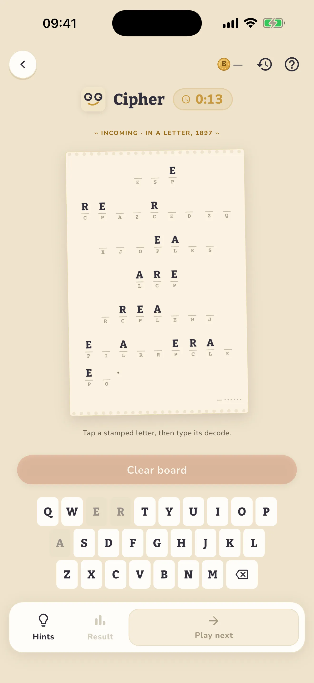 Boondle Cipher game screen with a partly decoded quote