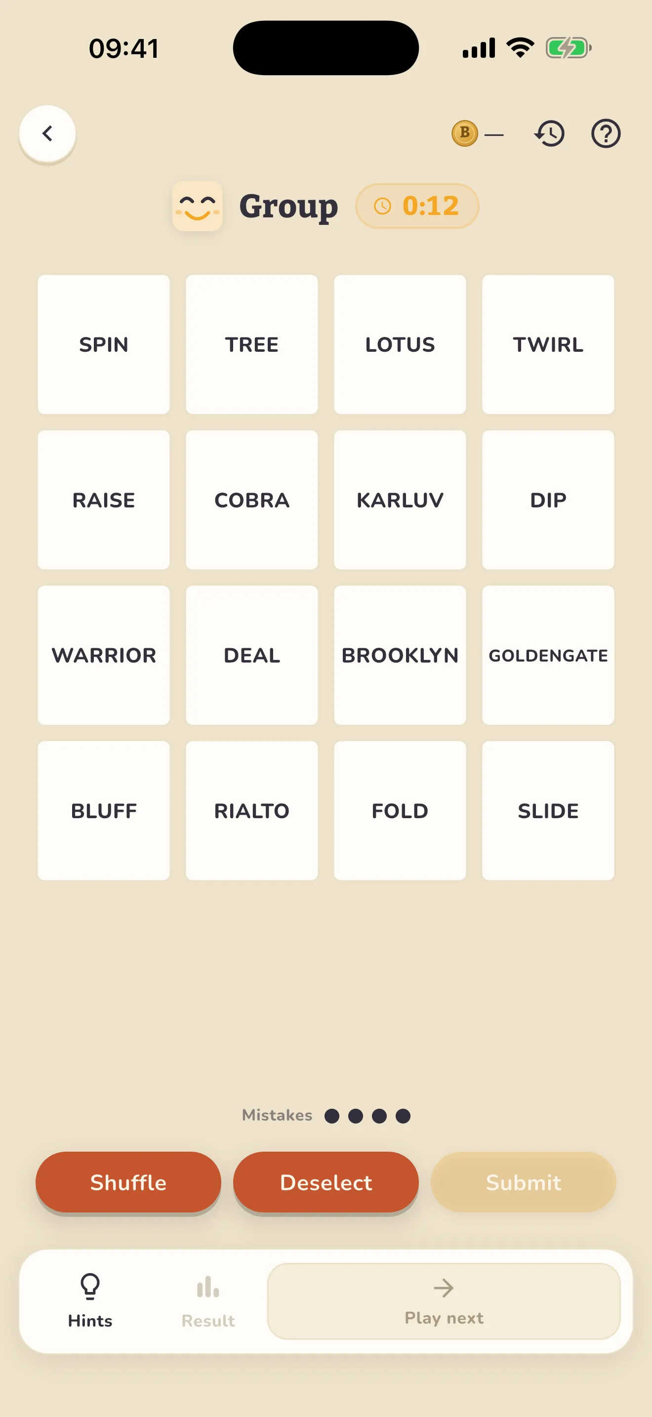 Boondle Group game screen with sixteen words to sort