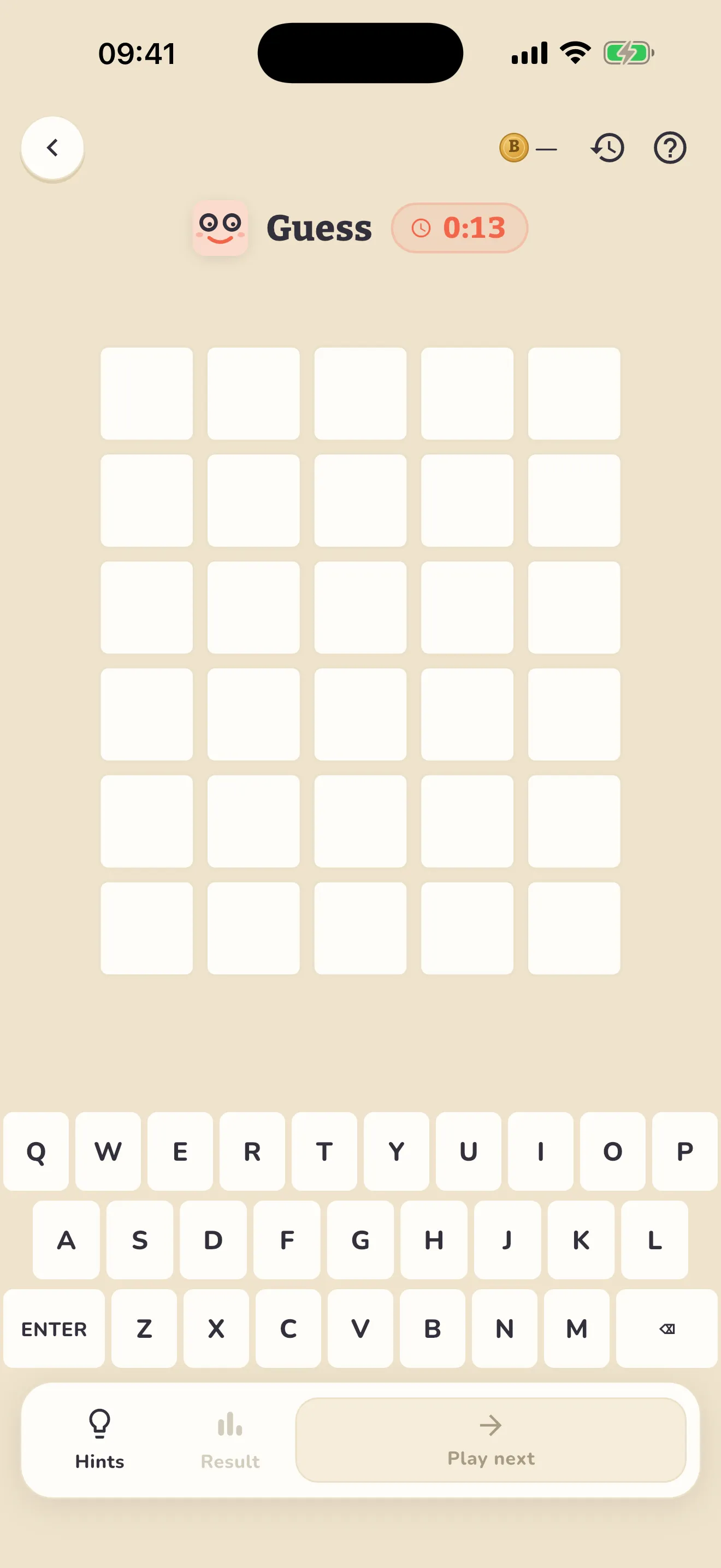 Boondle's Guess game on iPhone, six tries to find the word