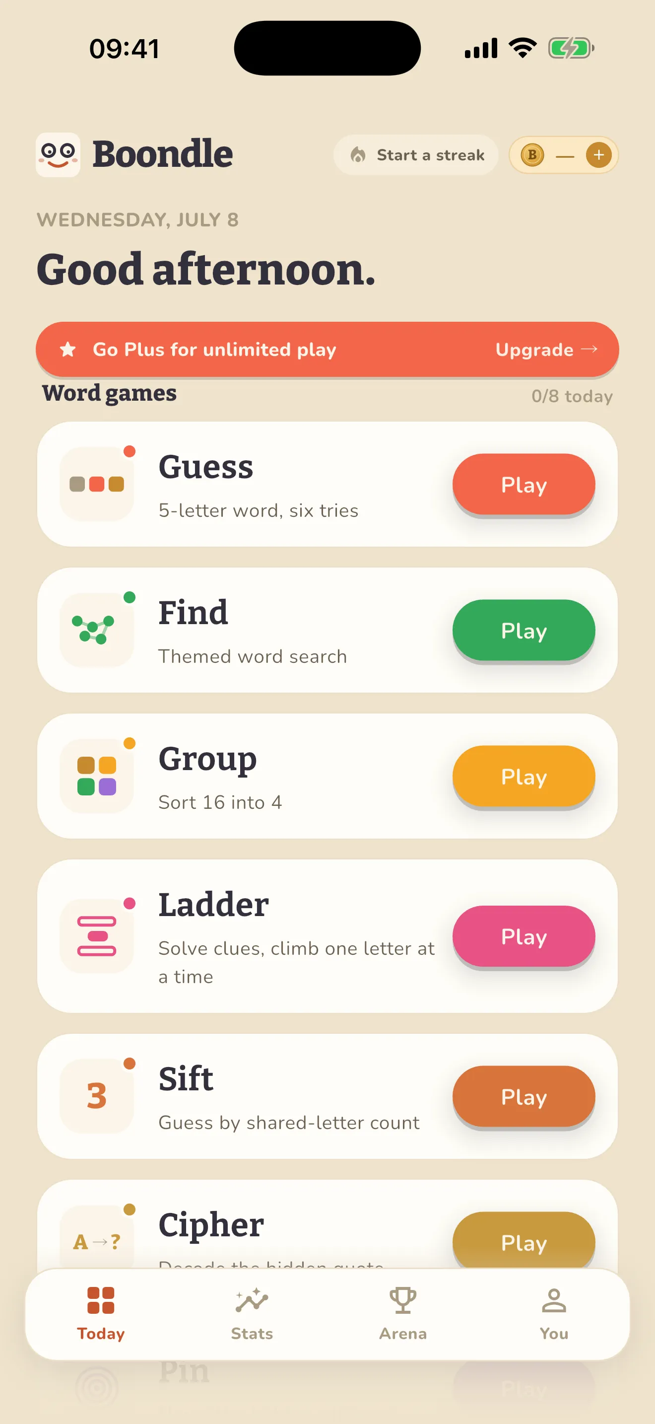 Boondle on iPhone, showing the daily line-up of word games
