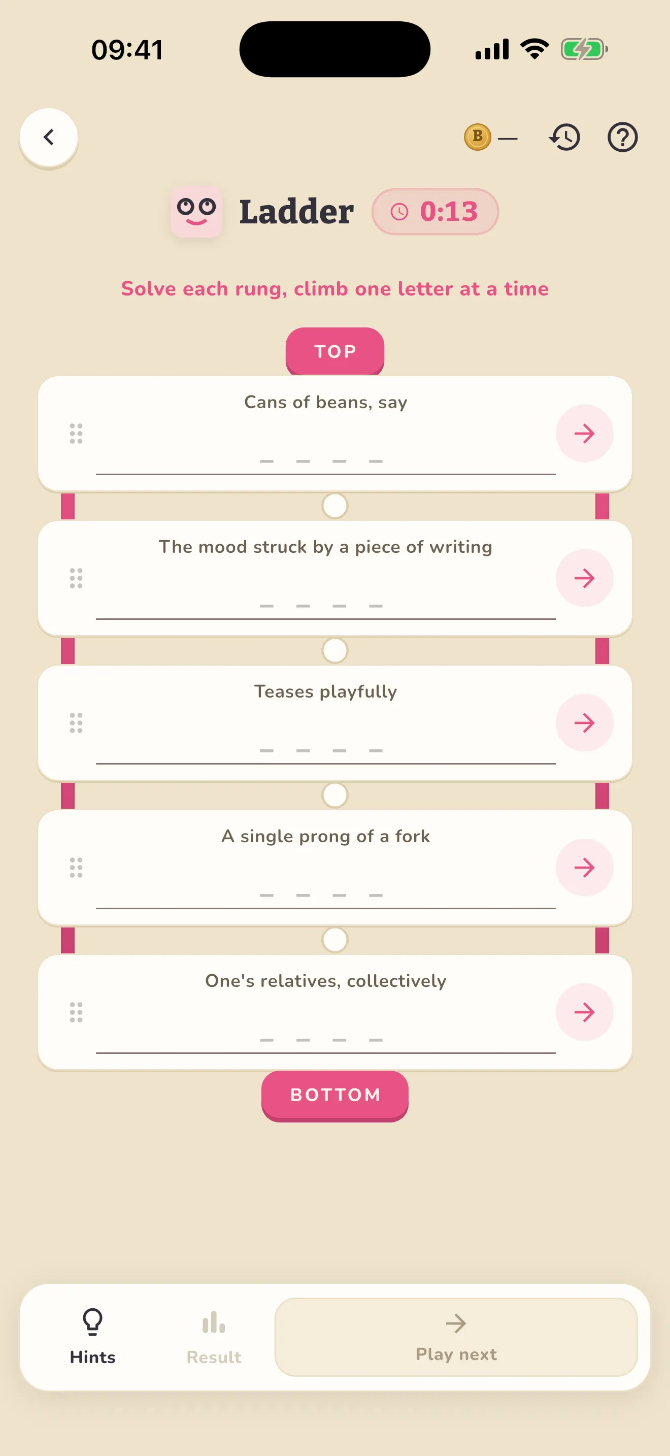 Boondle Ladder game screen with five clues to climb