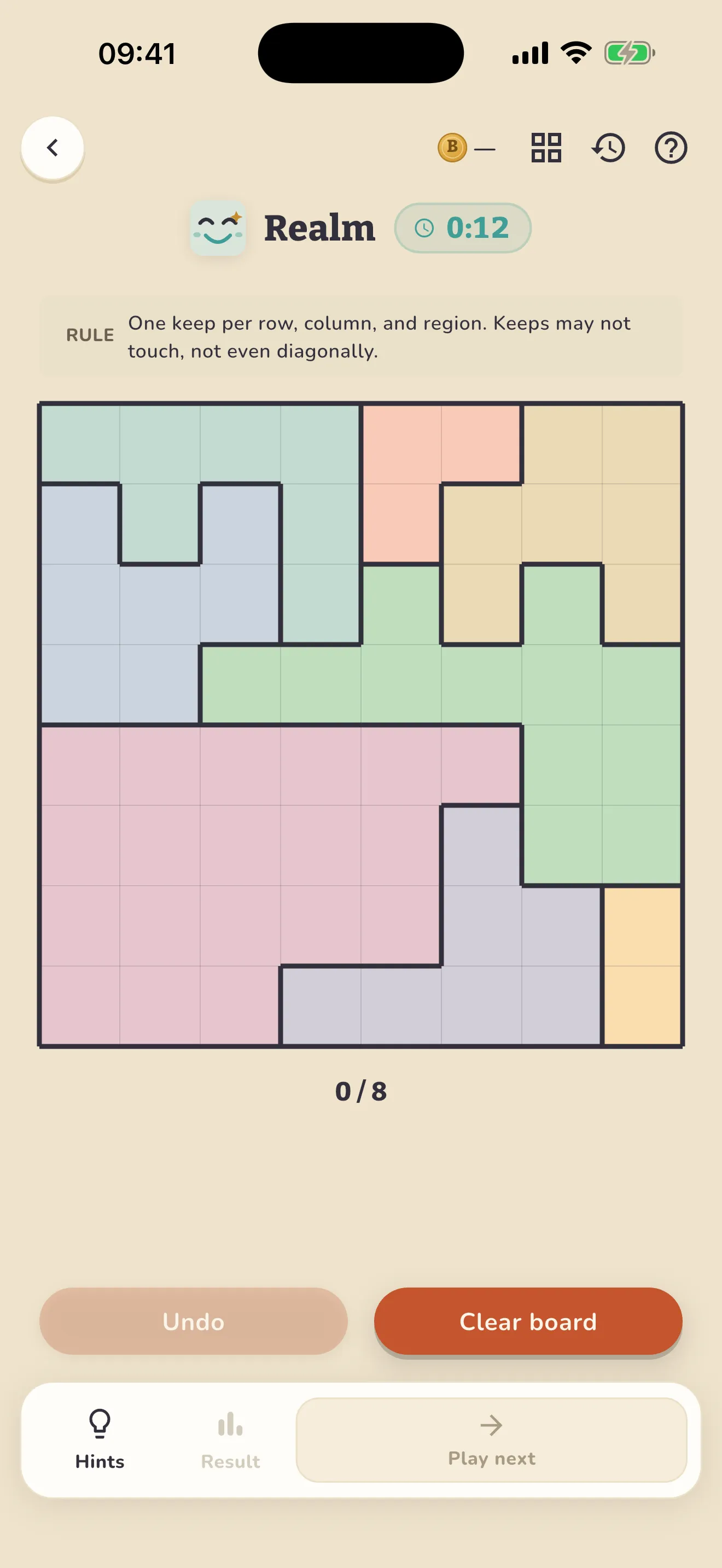 Boondle Realm game screen, a colourful logic grid of regions