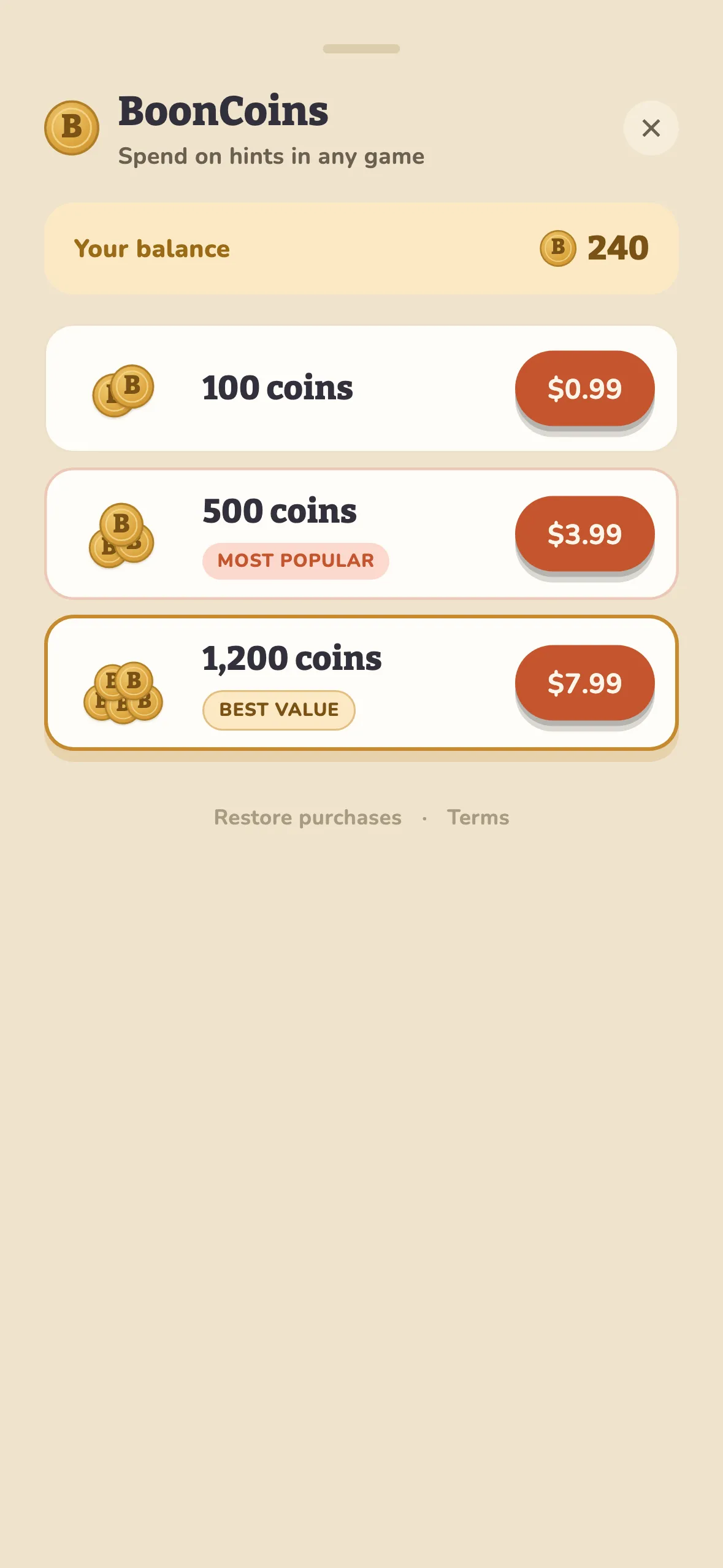 BoonCoins store screen with coin packs